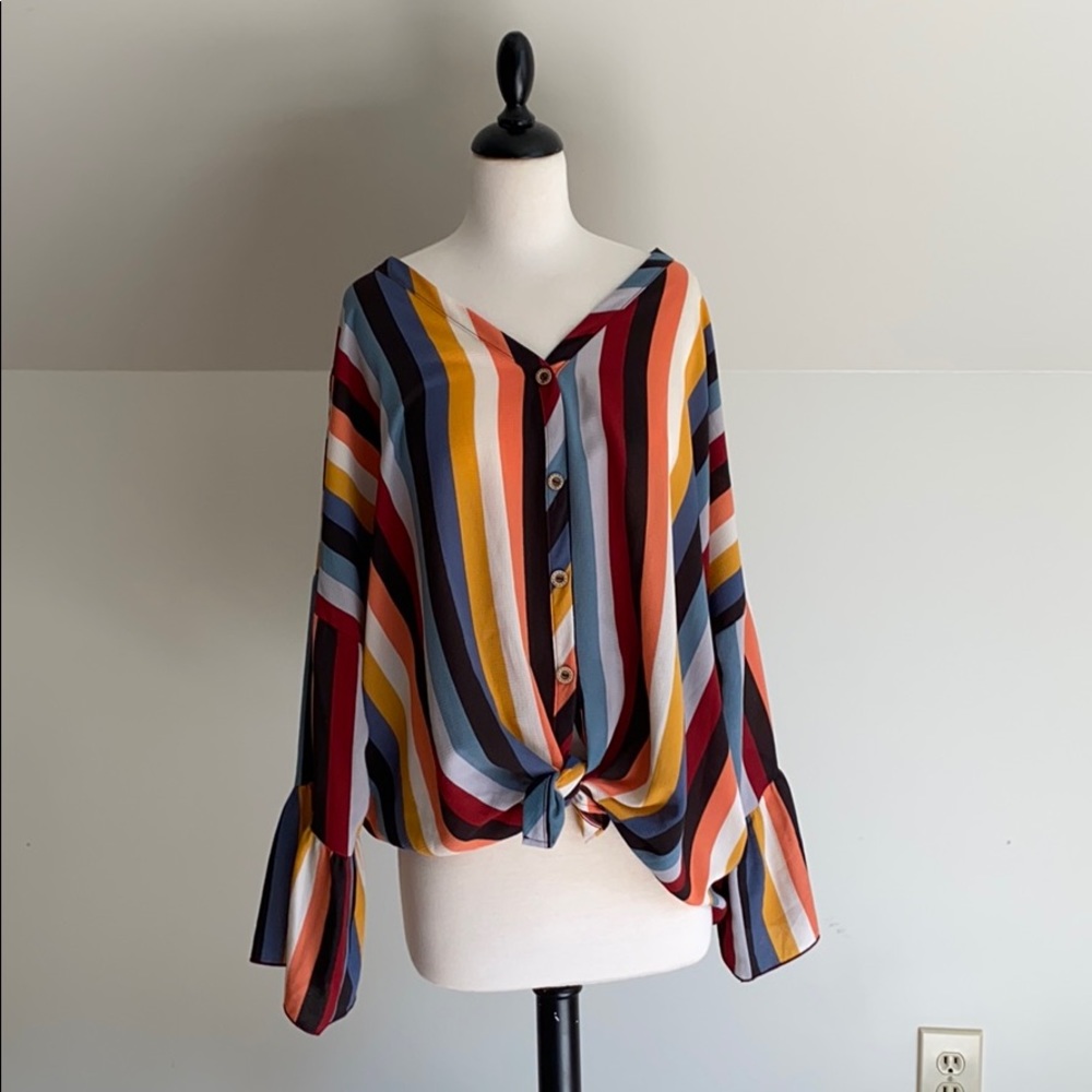 Multi colored tie up top v-neck